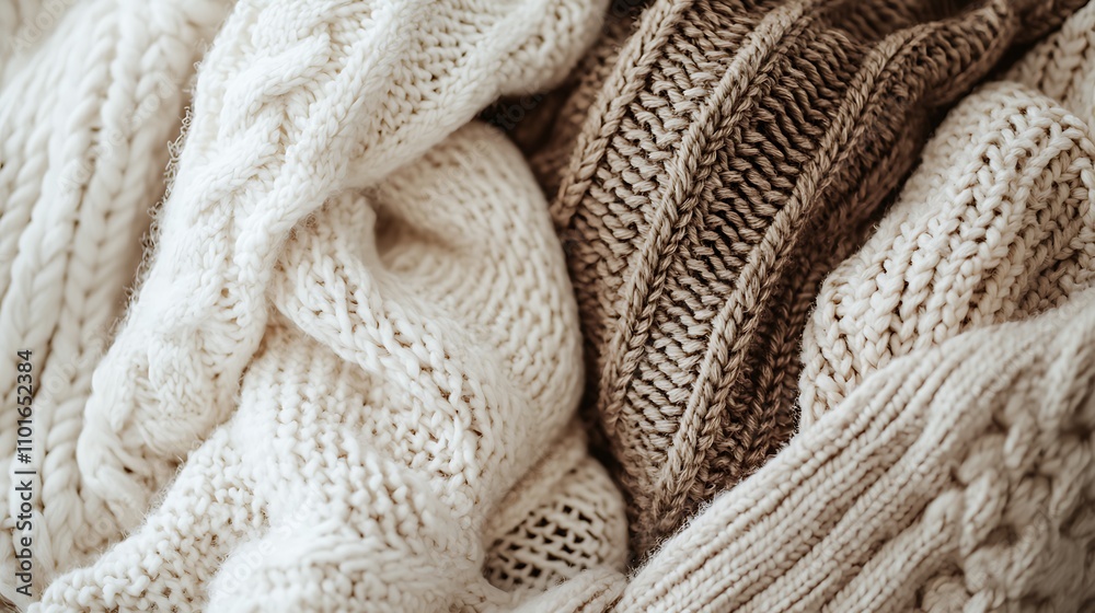 Soft, Cozy Knitwear in Cream and Brown Hues, Close-Up Texture Soft, Cozy Knitwear in Cream and Brown Hues, Close-Up Texture