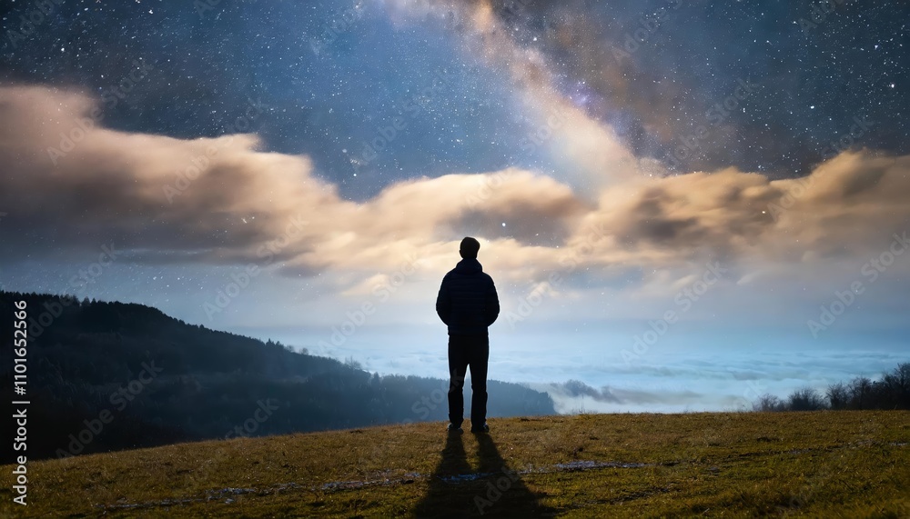 Silhouette of a lone individual gazing at the heavens in a surreal, dreamlike setting a contemplative man stands amidst a fantastical landscape, evoking themes of solitude and wonder. Silhouette of a lone individual gazing at the heavens in a surreal, dreamlike setting a contemplative man stands amidst a fantastical landscape, evoking themes of solitude and wonder.