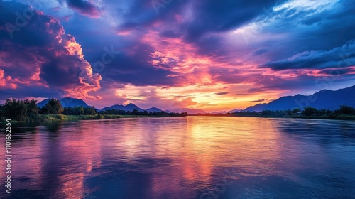 Scenic view of the Mekong River flowing through Nong Khai, with lush mountains and the Thai countryside under a brilliant sky. The stunning colors of the sky reflect on the calm river.