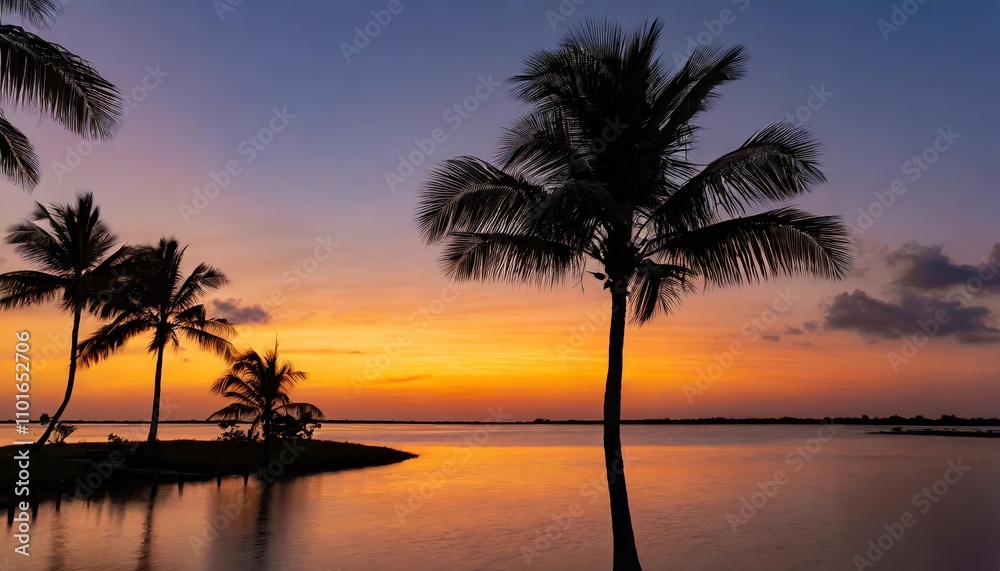 Captivating silhouette of palm trees during a breathtaking tropical sunrise or sunset, with vibrant hues of orange, pink, and purple blending seamlessly in the serene sky over a tranquil Captivating silhouette of palm trees during a breathtaking tropical sunrise or sunset, with vibrant hues of orange, pink, and purple blending seamlessly in the serene sky over a tranquil