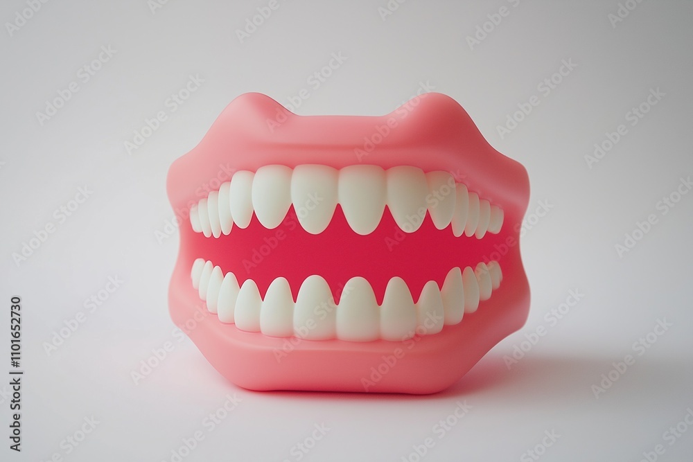 Fototapeta premium Toy dentures with pink gums and white teeth on plain background