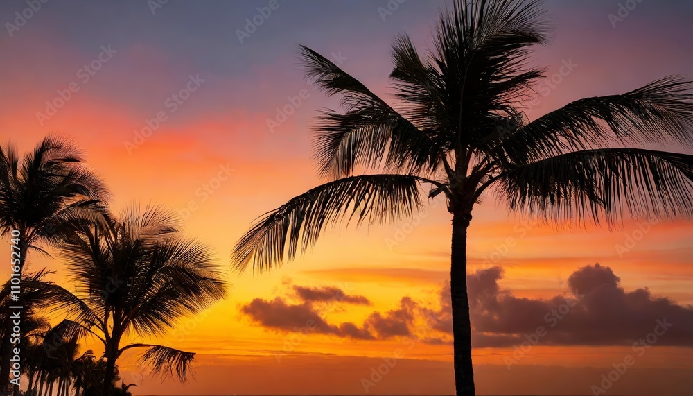 Majestic Silhouette of Palm Trees Against a Vibrant Tropical Sunrise or Sunset Sky, Featuring Bold Hues of Orange, Pink, and Purple, Perfectly Capturing the Beauty of Paradise Landscapes Majestic Silhouette of Palm Trees Against a Vibrant Tropical Sunrise or Sunset Sky, Featuring Bold Hues of Orange, Pink, and Purple, Perfectly Capturing the Beauty of Paradise Landscapes