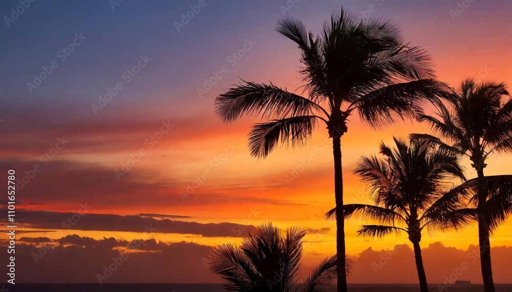 Serene Silhouette of Palm Trees Against a Vibrant Tropical Sunrise or Sunset: A Mesmerizing Scene of Natures Beauty in Warm Golden and Orange Tones That Evokes Relaxation and Wanderlust Serene Silhouette of Palm Trees Against a Vibrant Tropical Sunrise or Sunset: A Mesmerizing Scene of Natures Beauty in Warm Golden and Orange Tones That Evokes Relaxation and Wanderlust