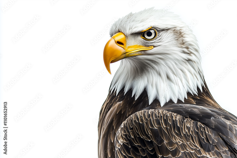 Obraz premium Portrait american bald eagle isolated on white background, Elegant posture eagle flying in the sky on white, Close up shot eagle eye.