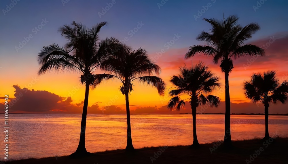 Breathtaking silhouette of palm trees at a tropical sunrise or sunset, capturing vibrant hues of orange, pink, and purple skies reflected in a serene, idyllic landscape perfect for tranquil Breathtaking silhouette of palm trees at a tropical sunrise or sunset, capturing vibrant hues of orange, pink, and purple skies reflected in a serene, idyllic landscape perfect for tranquil