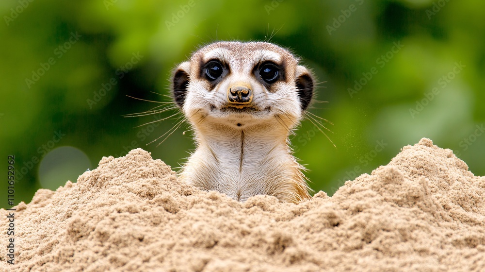 Fototapeta premium 2409_054. A curious meerkat surrounded by sandy mound, showcasing a alert posture in a vibrant outdoor setting. This image captures the essence of adventure and happiness in nature
