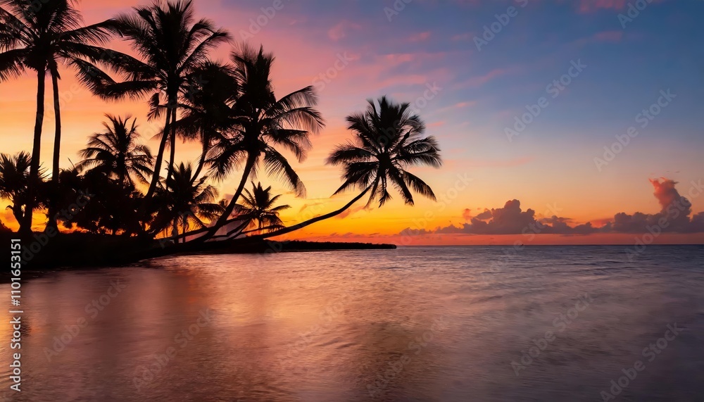 Silhouette of palm trees at tropical sunrise or sunset with vibrant hues of orange, pink, and purple skies, creating a serene, tropical paradise atmosphere perfect for travel and nature Silhouette of palm trees at tropical sunrise or sunset with vibrant hues of orange, pink, and purple skies, creating a serene, tropical paradise atmosphere perfect for travel and nature