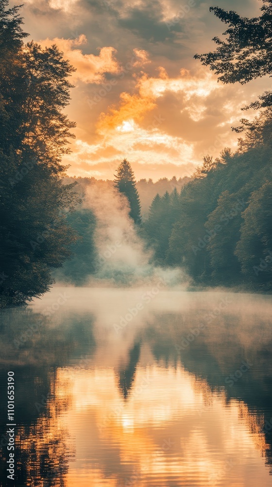 Obraz premium A serene river landscape at sunset, reflecting trees and mist, evoking tranquility and nature's beauty.