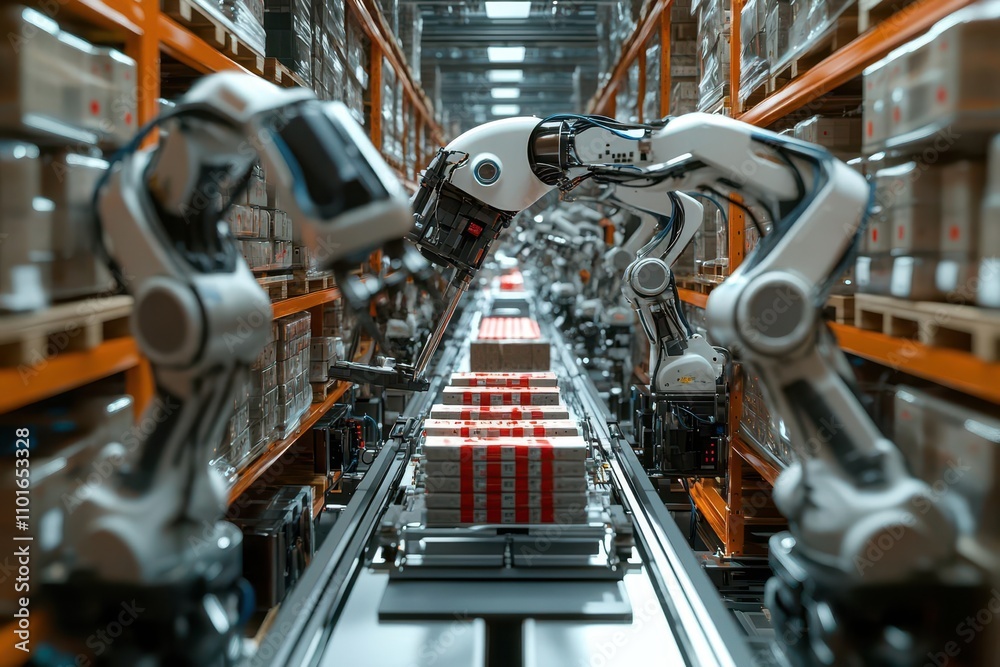 Fototapeta premium Fully automated warehouse with products moving through robotic arms, precise alignment, photo-realistic, next-gen inventory handling