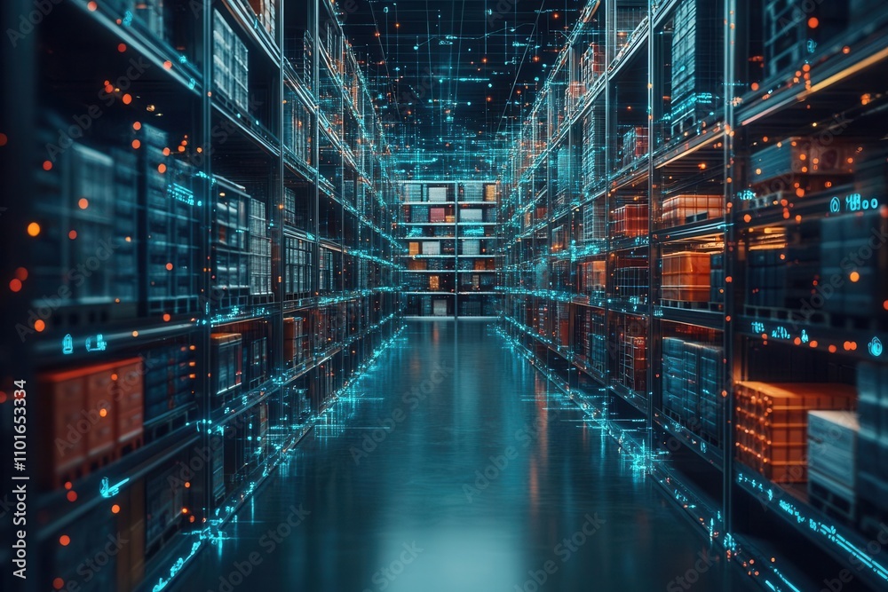 High-tech facility tracking global shipments via satellite-connected systems, massive shelves filled with goods, photo-realistic, international logistics tech High-tech facility tracking global shipments via satellite-connected systems, massive shelves filled with goods, photo-realistic, international logistics tech