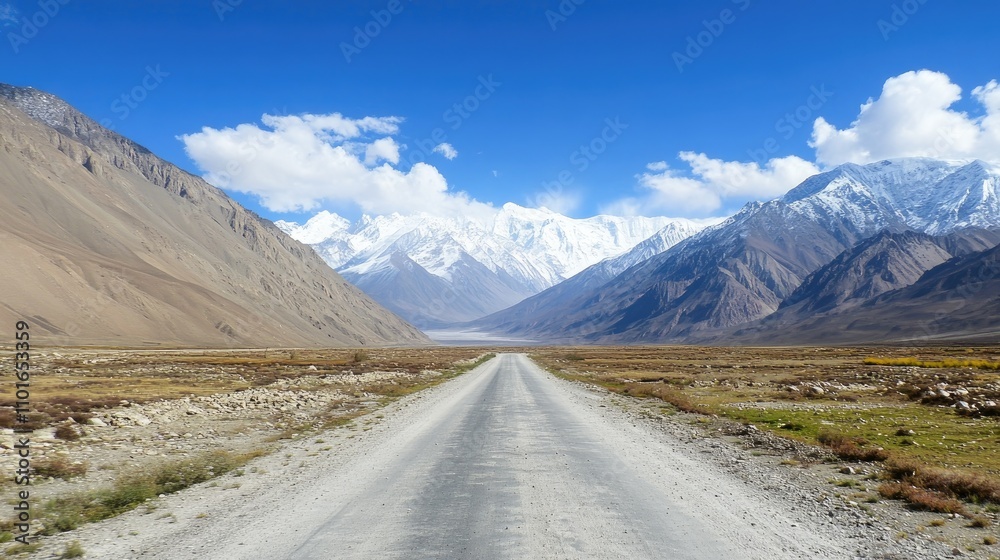 Serene dirt road leading through expansive, barren landscapes, flanked by majestic snow-capped mountains under a bright blue sky. Serene dirt road leading through expansive, barren landscapes, flanked by majestic snow-capped mountains under a bright blue sky.