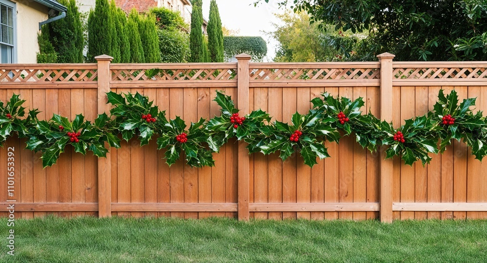 Holly garlands wrapped around garden fences for a festive perimeter Holly garlands wrapped around garden fences for a festive perimeter