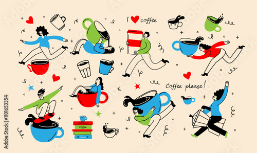 People enjoying coffee. Women and men holding takeaway mugs, paper cups. Characters drinking hot morning beverages, americano, cappuccino to go, in trendy retro style.