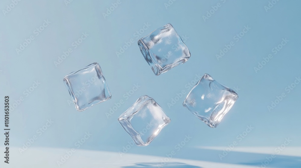 Five floating transparent ice cubes against a soft blue background, showcasing their clarity and unique shapes in a minimalist composition.
