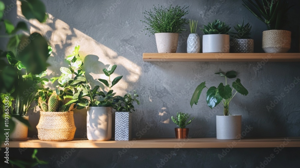 Indoor garden with potted plants on wooden shelves Indoor garden with potted plants on wooden shelves