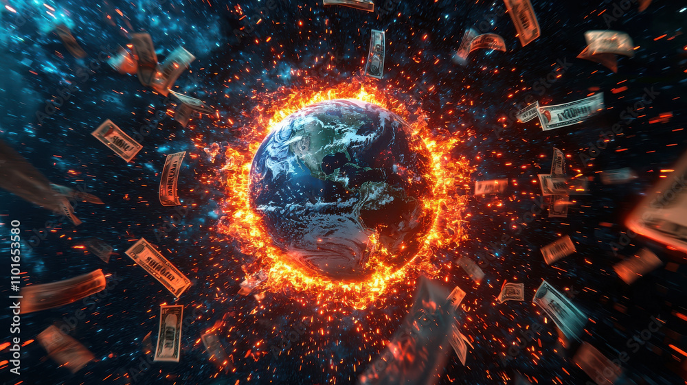 digital hologram of Earth surrounded by falling dollar bills and fiery effects, symbolizing global financial dynamics and economic impact. scene is vibrant and intense digital hologram of Earth surrounded by falling dollar bills and fiery effects, symbolizing global financial dynamics and economic impact. scene is vibrant and intense