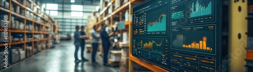 Warehouse dashboard showing real-time inventory metrics, team discussing adjustments, photo-realistic, data-driven decision-making
