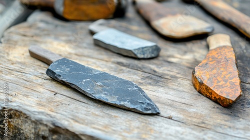  Close-up of ancient stone tools, sharp flint knives, and polished axes on a weathered wooden surface, symbolizing prehistoric craftsmanship and the dawn of human ingenuity. photo