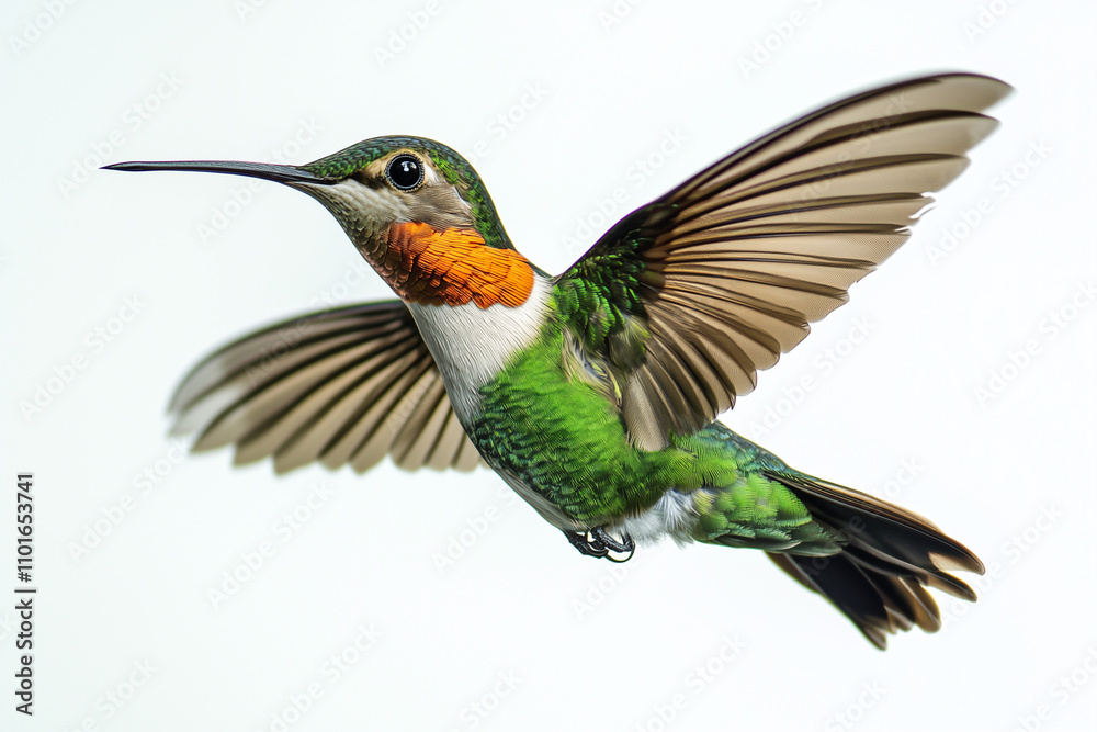 Obraz premium Portrait of green hummingbird isolated on white background, Close up shot colorful flying bird with spreading wing posture on white.