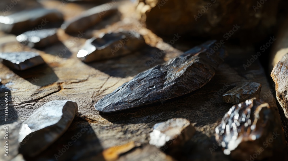 Close-up of ancient stone tools, sharp flint knives, and polished axes on a weathered wooden surface, symbolizing prehistoric craftsmanship and the dawn of human ingenuity. Close-up of ancient stone tools, sharp flint knives, and polished axes on a weathered wooden surface, symbolizing prehistoric craftsmanship and the dawn of human ingenuity.