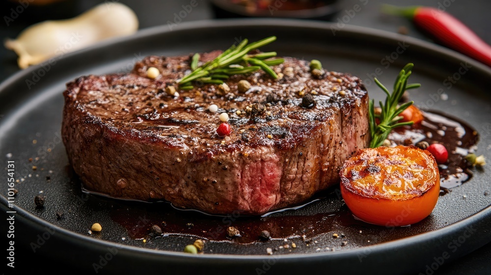 Artfully plated steak garnished with herbs and roasted cherry tomatoes, served on a sleek dark plate with a rich sauce drizzle. Artfully plated steak garnished with herbs and roasted cherry tomatoes, served on a sleek dark plate with a rich sauce drizzle.