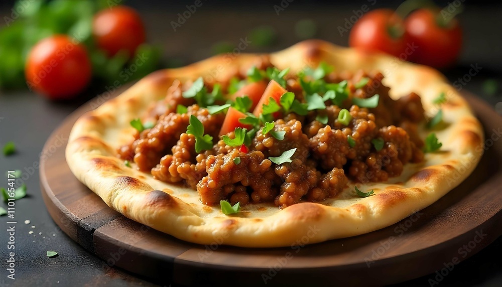 A boat-shaped Turkish flatbread, topped with a variety of fillings like seasoned ground meat A boat-shaped Turkish flatbread, topped with a variety of fillings like seasoned ground meat