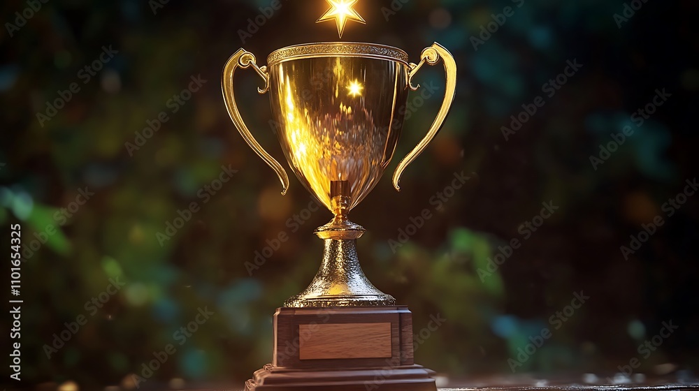 A brilliant golden trophy with a star accent standing on a wooden base under natural lighting A brilliant golden trophy with a star accent standing on a wooden base under natural lighting