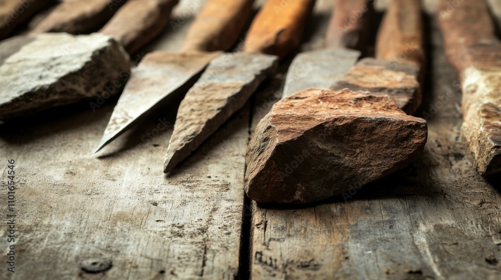 Close-up of ancient stone tools, sharp flint knives, and polished axes on a weathered wooden surface, symbolizing prehistoric craftsmanship and the dawn of human ingenuity. Close-up of ancient stone tools, sharp flint knives, and polished axes on a weathered wooden surface, symbolizing prehistoric craftsmanship and the dawn of human ingenuity.