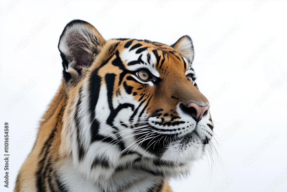 Fototapeta premium Portrait of aggressive tiger isolated on white background, Safari hunter with stripe on the body, Selective focus tiger on white.