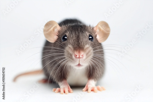 Selective focus mice isolated on white background, Close up shot tiny rat on white.