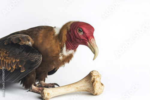 Portrait of vulture isolated on white background, Flying red head vulture with bone on white. photo