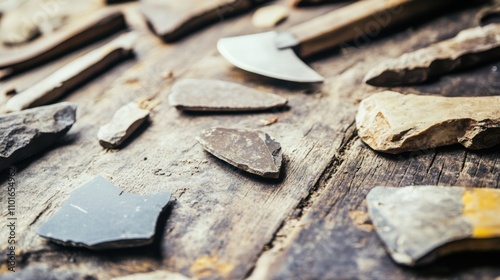  Close-up of ancient stone tools, sharp flint knives, and polished axes on a weathered wooden surface, symbolizing prehistoric craftsmanship and the dawn of human ingenuity. photo