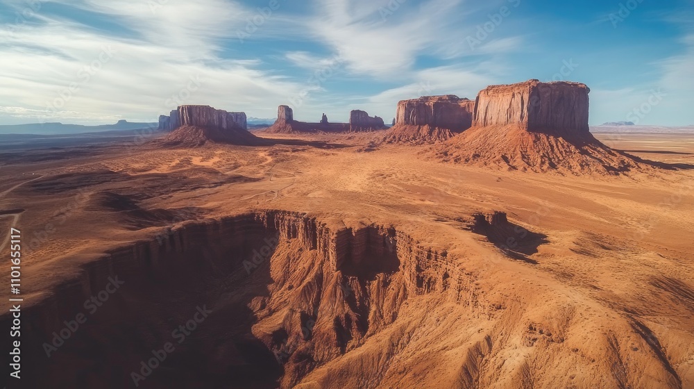 Aerial View of Striking Desert Landscape with Towering Rock Formations and Vast Sand Dunes Under a Clear Blue Sky Aerial View of Striking Desert Landscape with Towering Rock Formations and Vast Sand Dunes Under a Clear Blue Sky