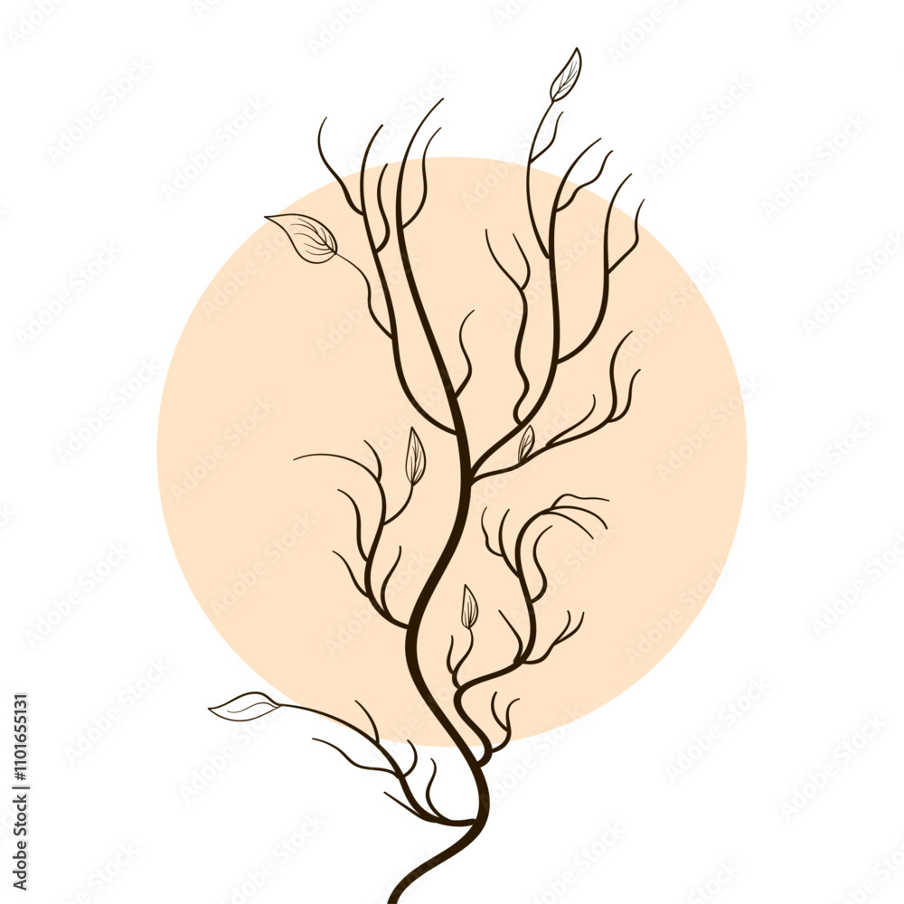 Fototapeta premium Dry tree branch with leaves. Vector illustration on white background.