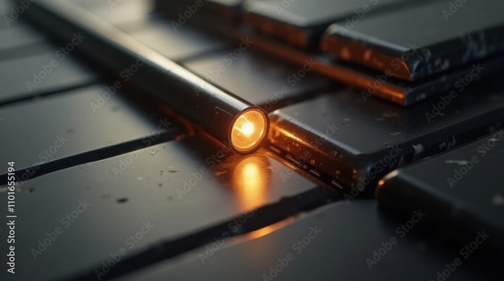 Glowing LED Tube and Stack of Black Tiles Glowing LED Tube and Stack of Black Tiles