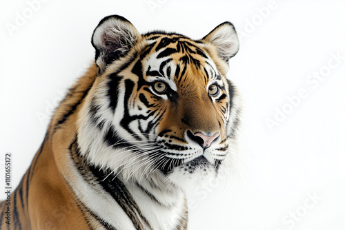 Portrait of aggressive tiger isolated on white background, Safari hunter with stripe on the body, Selective focus tiger on white.