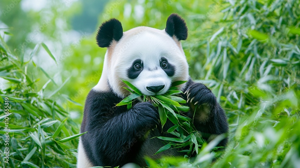 Obraz premium 2409_008. A gentle giant panda surrounded by bamboo grove, showcasing a peaceful munching in a vibrant outdoor setting. This image captures the essence of adventure and happiness in nature