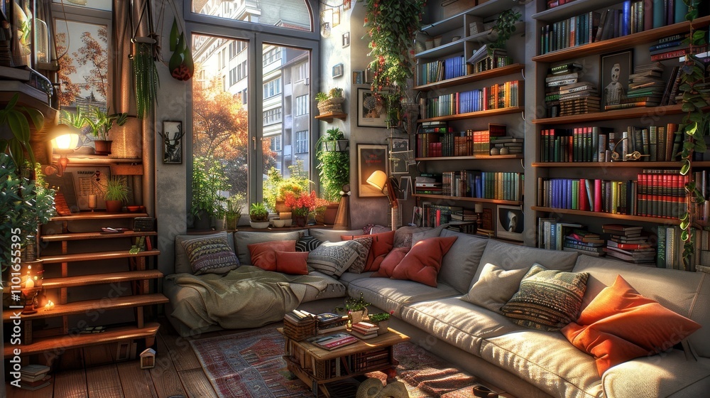 A cozy study room featuring a spacious wooden table, bookshelves, and soft lamp lighting A cozy study room featuring a spacious wooden table, bookshelves, and soft lamp lighting