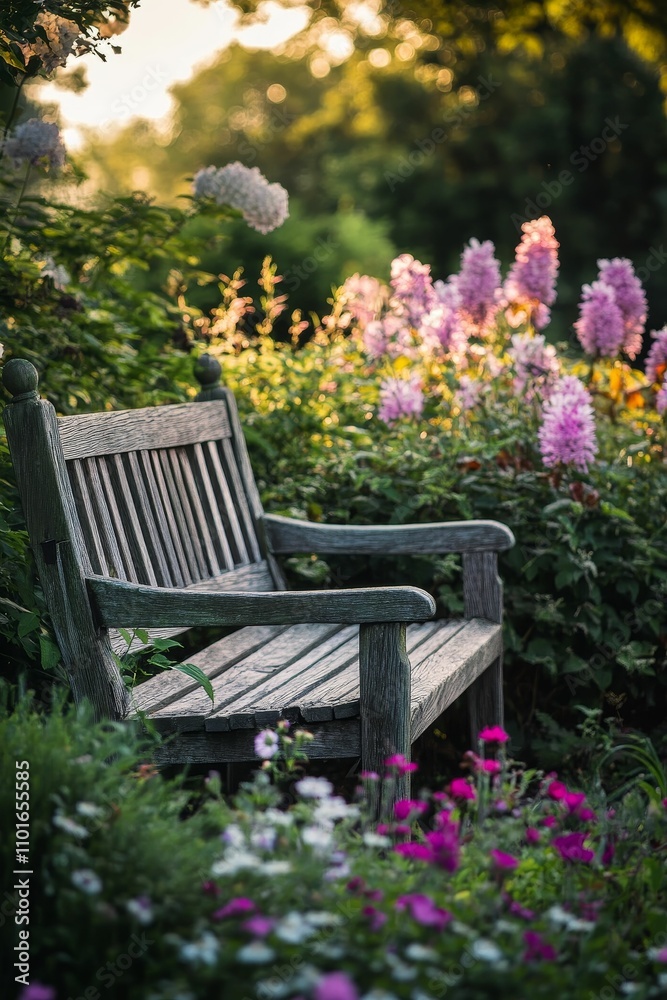 Wooden bench, blooming flowers, garden setting. Wooden bench, blooming flowers, garden setting.