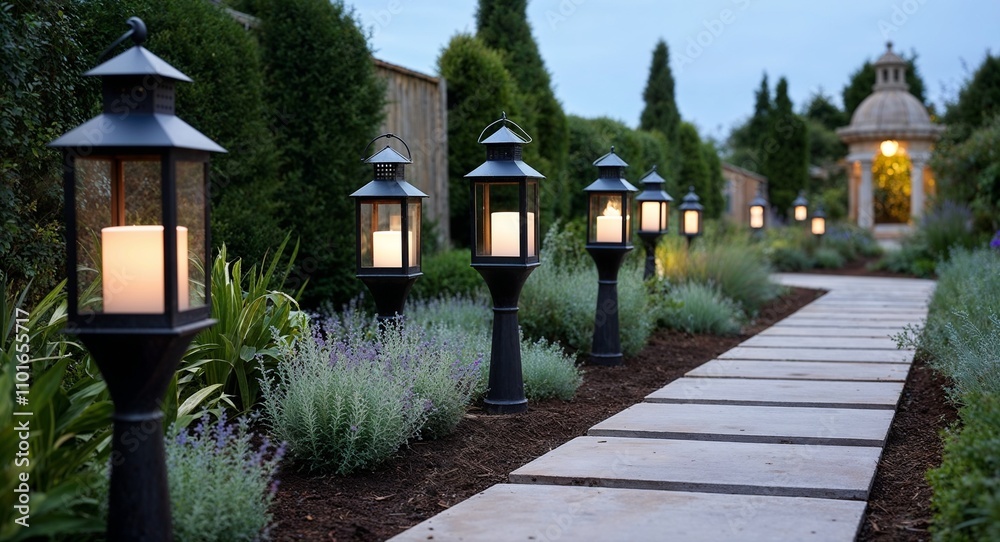 Metal lanterns with solarpowered lights lining the garden pathways Metal lanterns with solarpowered lights lining the garden pathways