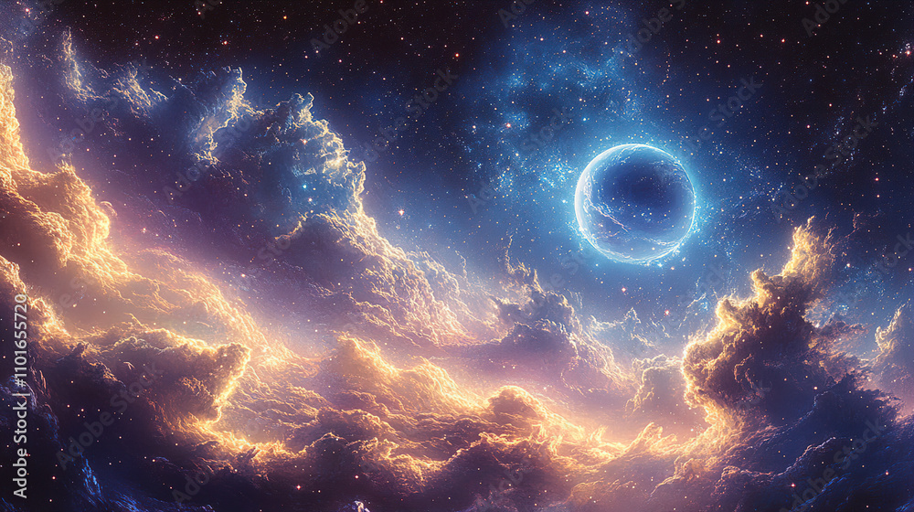 Celestial view of a bright blue planet surrounded by colorful clouds in the cosmos at nighttime. Generative AI Celestial view of a bright blue planet surrounded by colorful clouds in the cosmos at nighttime. Generative AI
