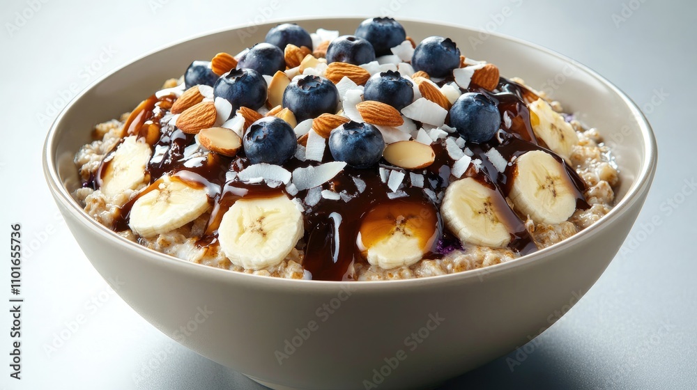 Bowl of oatmeal porridge topped with sliced bananas, blueberries, almonds, coconut flakes, and a drizzle of caramel sauce for a nutritious breakfast. Bowl of oatmeal porridge topped with sliced bananas, blueberries, almonds, coconut flakes, and a drizzle of caramel sauce for a nutritious breakfast.