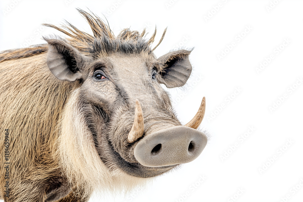 Selective focus warthog with fang isolated on white background, Portrait of wild boar on white. Selective focus warthog with fang isolated on white background, Portrait of wild boar on white.