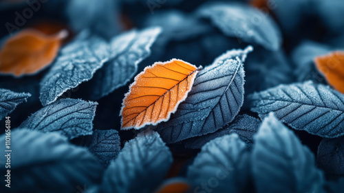 Macro shot of frosty leaves with one prominent orange leaf among blue-toned foliage, showcasing frost patterns and natural textures in a cool color palette.