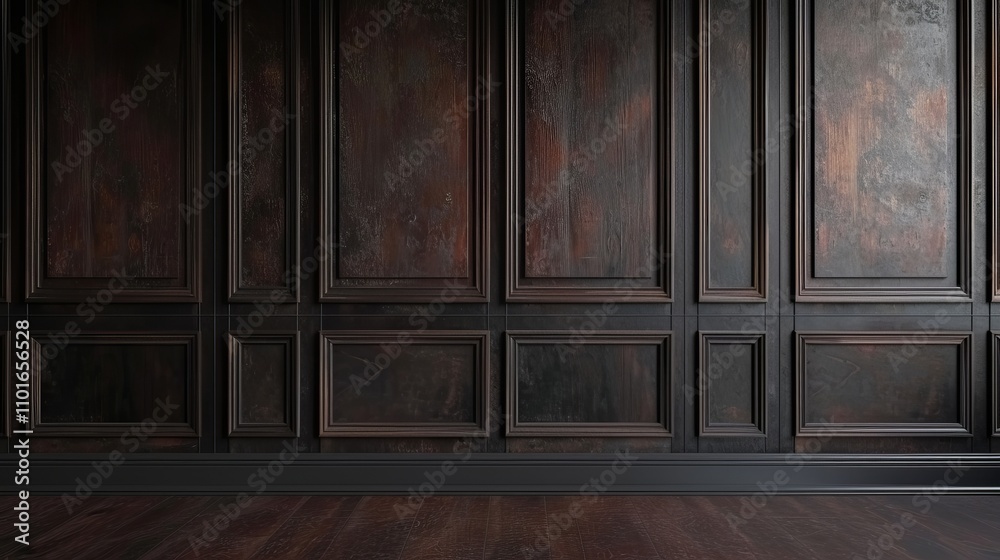 Dark wood wall paneling with a sleek baseboard and matching hardwood floor. A sophisticated, moody interior design. Dark wood wall paneling with a sleek baseboard and matching hardwood floor. A sophisticated, moody interior design.