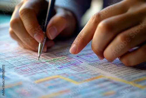 Hands marking irregularities on a financial report, highlighted areas with errors, photo-realistic, precise fraud detection photo