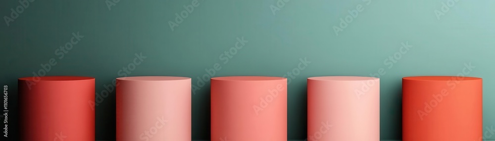 Five cylindrical objects in varying shades of pink and red are arranged against a soothing green backdrop. Five cylindrical objects in varying shades of pink and red are arranged against a soothing green backdrop.