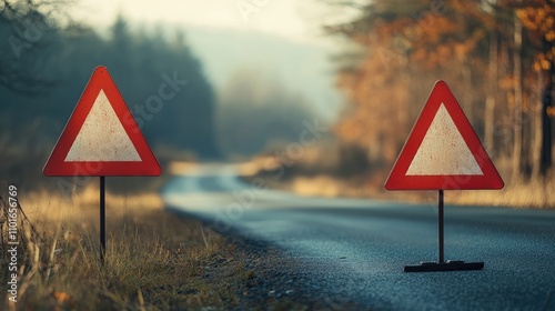 Red warning signs on a deserted road symbolize food crisis, hunger, and human disaster, set against a blurred natural background.