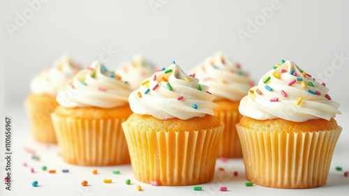 Delicious cupcakes topped with creamy frosting and colorful sprinkles arranged neatly on a white surface