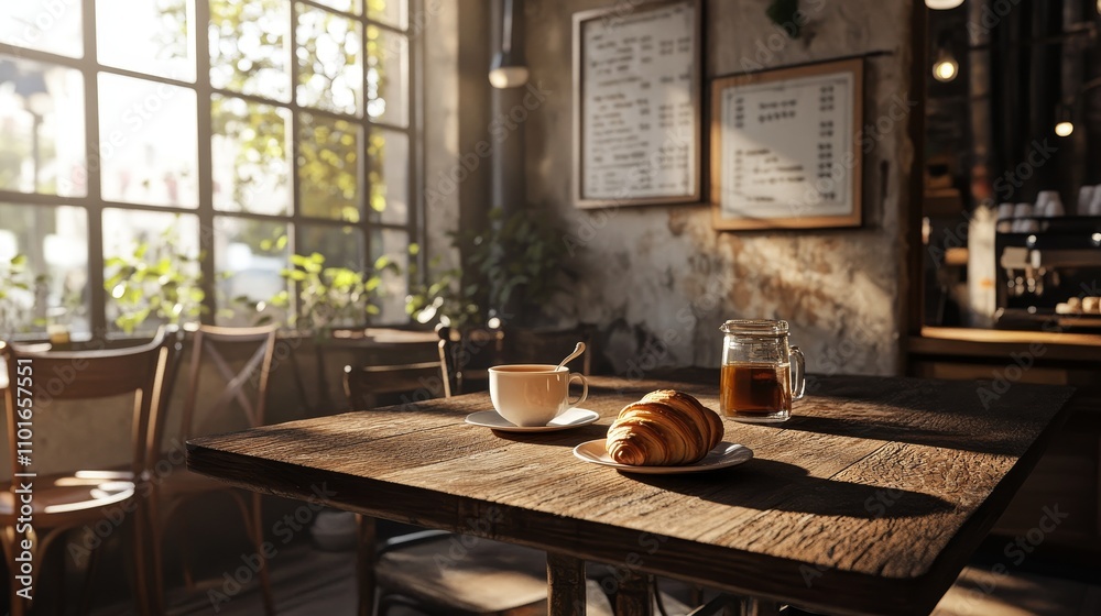 A cozy cafe scene featuring a table with coffee, a croissant, and a warm atmosphere. A cozy cafe scene featuring a table with coffee, a croissant, and a warm atmosphere.
